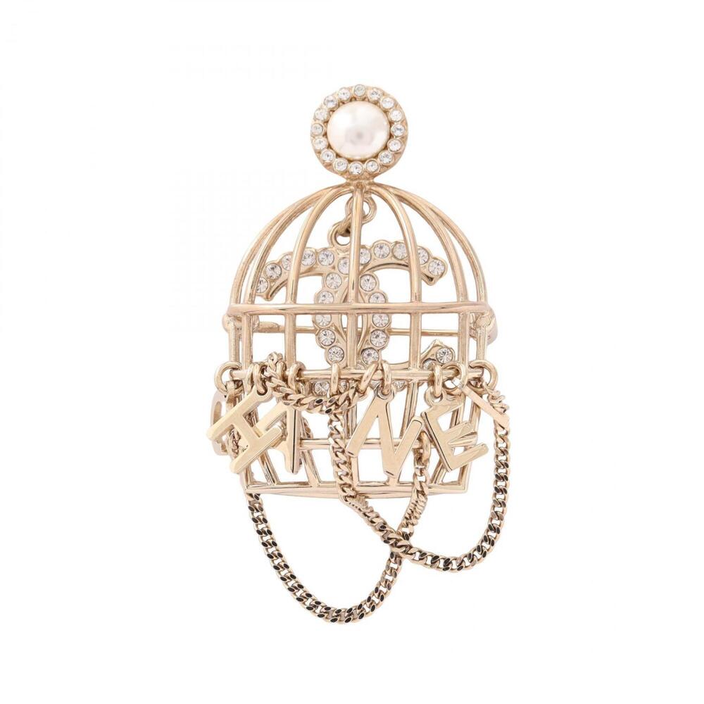 Chanel Coco Mark Birdcage Motif Brooch Accessory, Gold Plated (GP), Faux Pear...